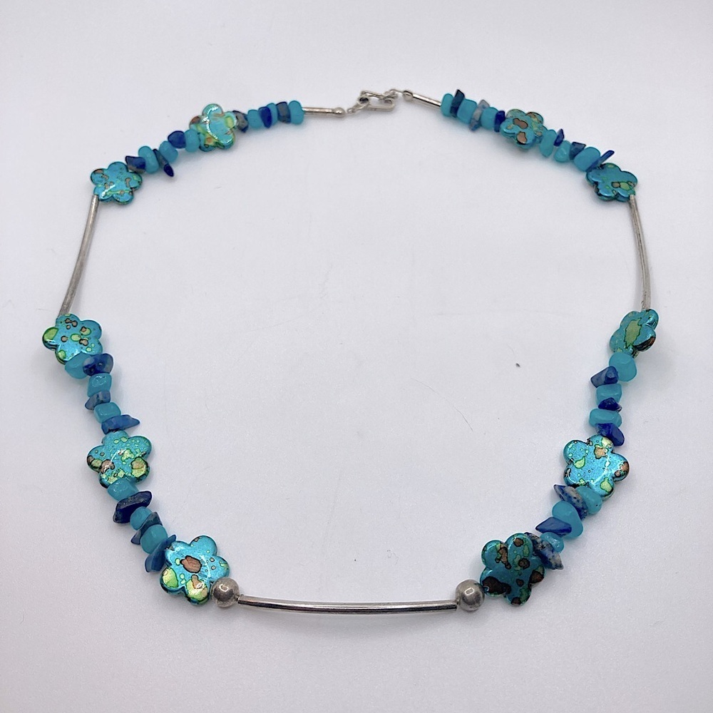 Vtg 950 Silver Lapis Chacedony & Dyed Flower Shaped MOP Beaded Necklace 17”